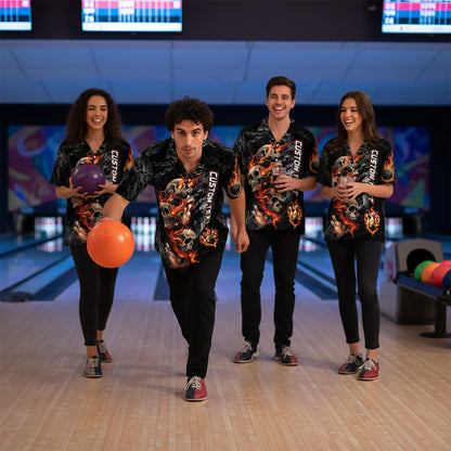 Second lifestyle view of the bowling skulls hawaiian shirt