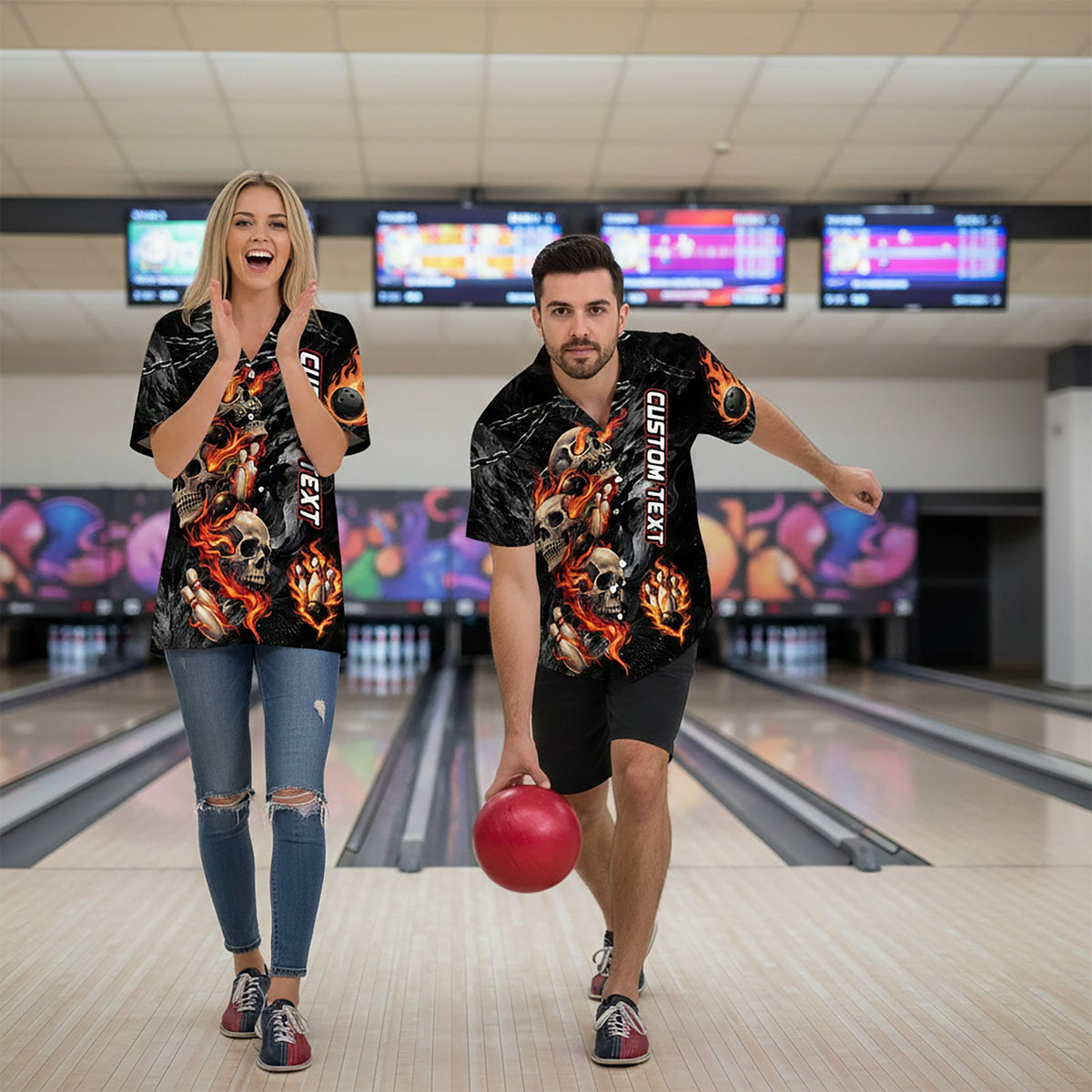 Lifestyle view of an adult wearing the personalized bowling skulls hawaiian shirt