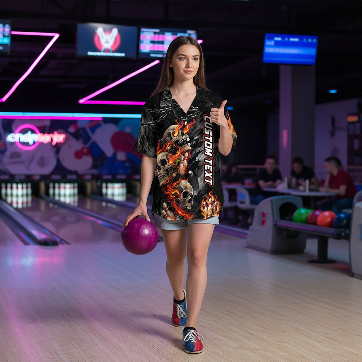 Third lifestyle view showing the matching family hawaiian shirts concept with skulls