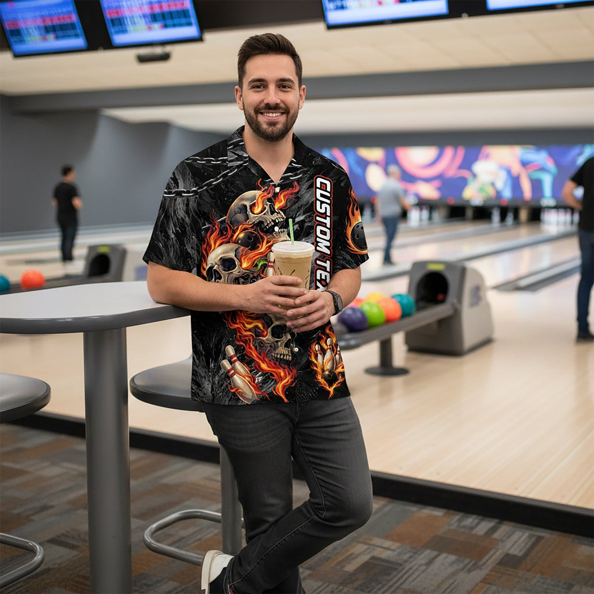Fourth lifestyle view highlighting the custom text on the bowling skulls shirt
