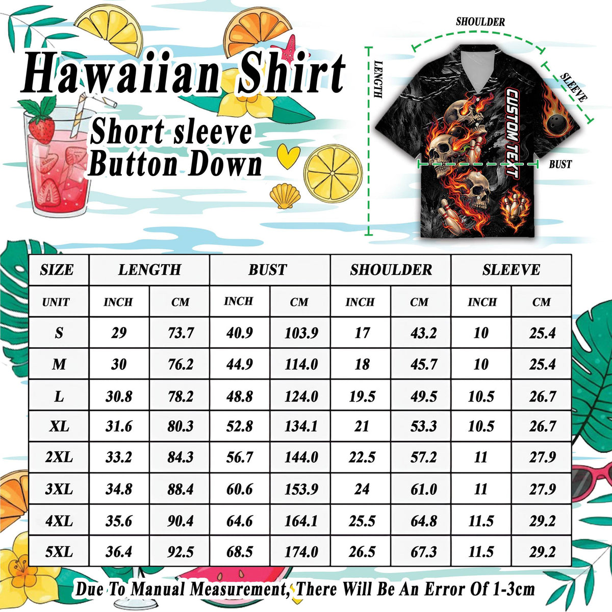 Detailed view of the bowling skulls hawaiian shirt fabric and print