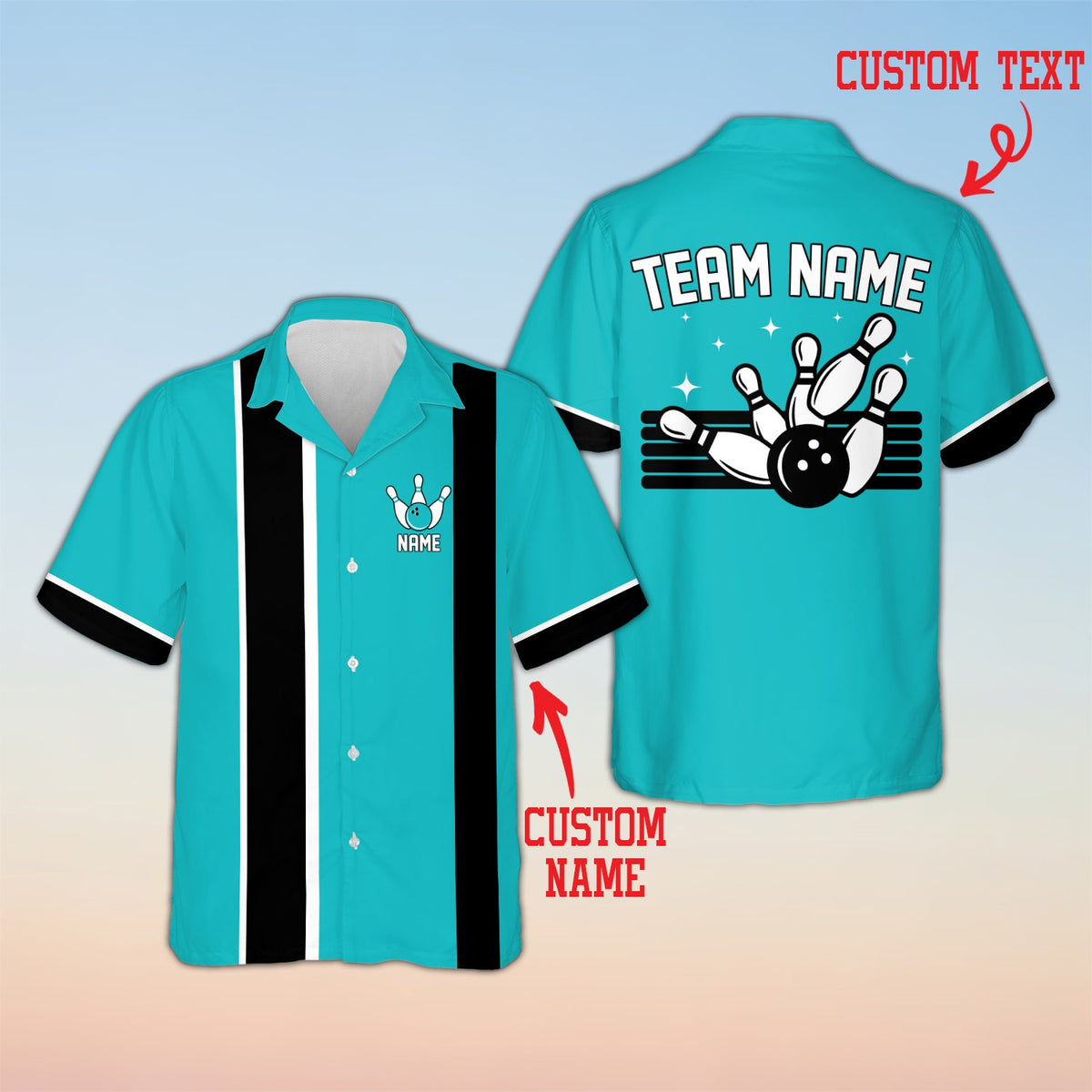 Teal matching family Hawaiian shirt with bowling design, front view