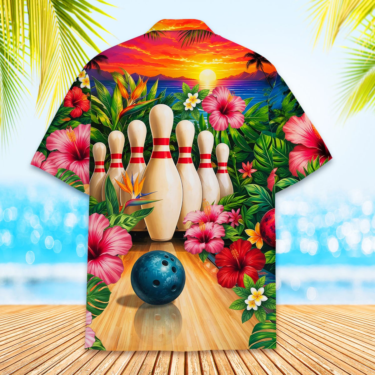Detailed back view highlighting the palm trees and tropical sunset