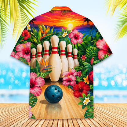 Detailed back view highlighting the palm trees and tropical sunset