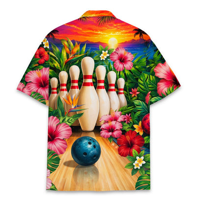 Back view of the multicolor bowling hawaiian shirt showing the sunset print