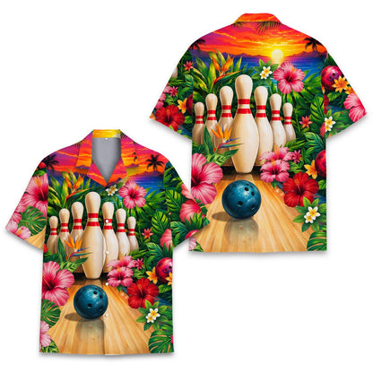 Detailed front view showing the bowling lane and hibiscus flowers