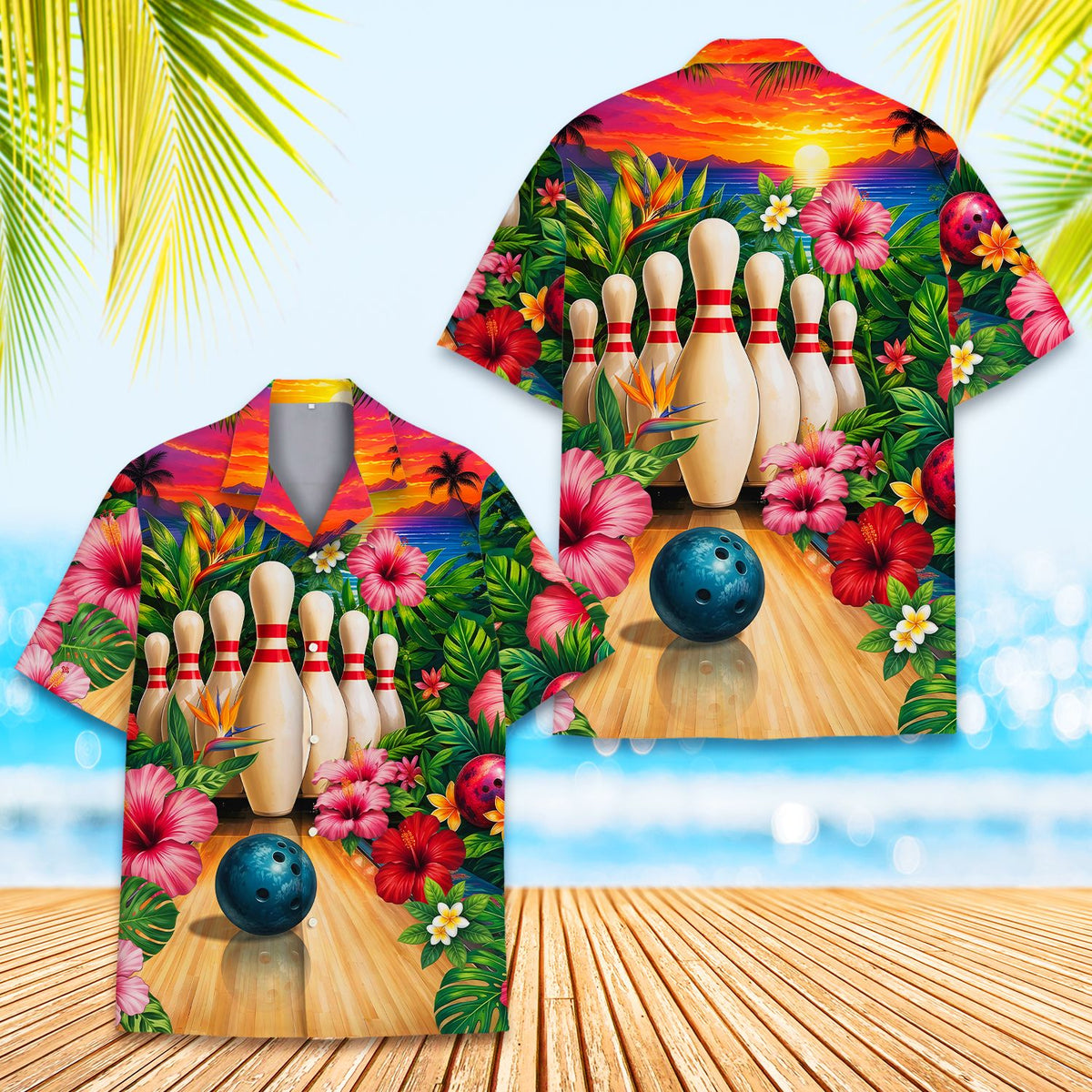 Close up front view of the hawaiian bowling shirt collar and buttons