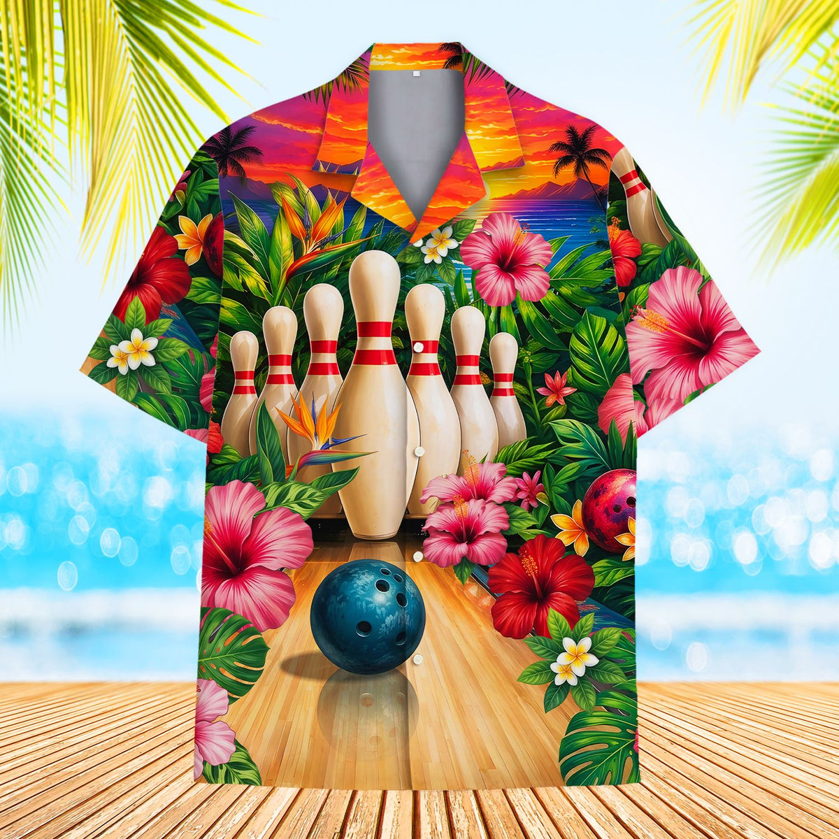 Multicolor bowling hawaiian shirt featuring tropical floral sunset, main view
