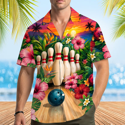 Lifestyle shot of the tropical bowling shirt worn in a summer setting