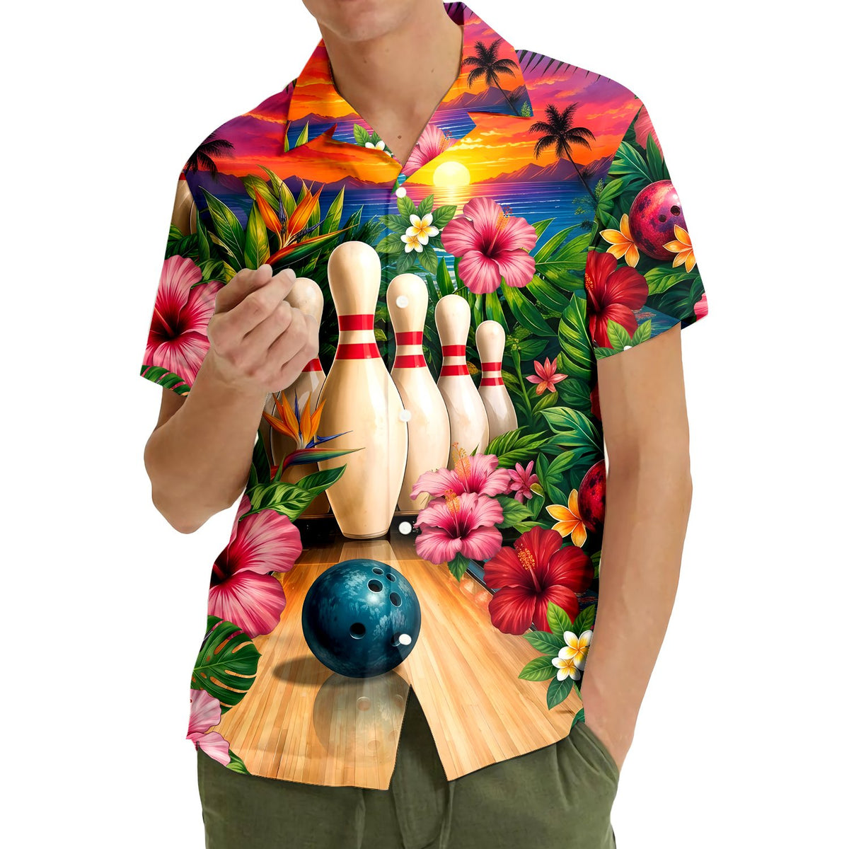 Outdoor lifestyle view of the multicolor hawaiian shirt