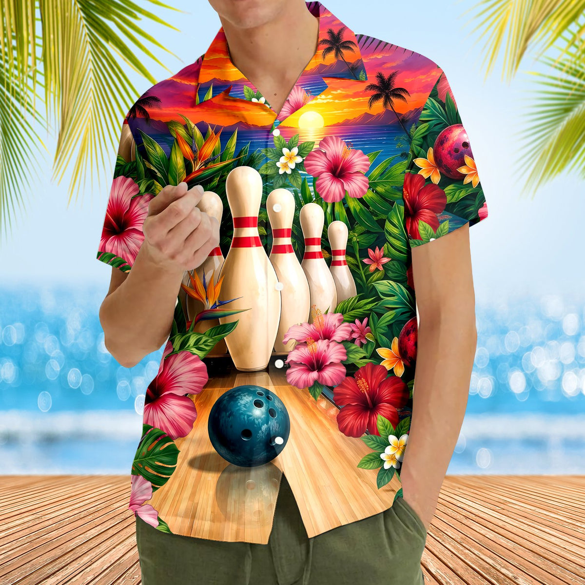 Casual lifestyle image showing the bowling tropical floral design