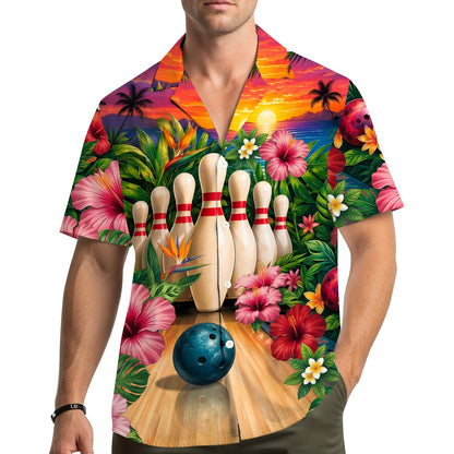 Lifestyle image of an adult wearing the matching family hawaiian shirt outdoors