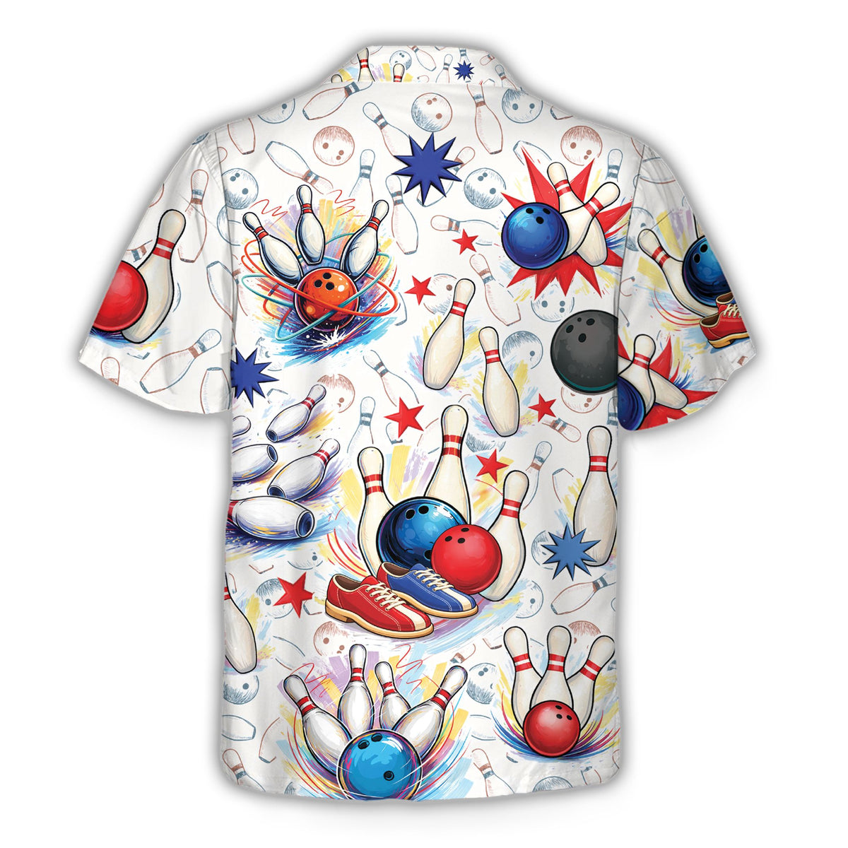 Bowling hawaiian shirt back view showing bowling shoes and stars pattern