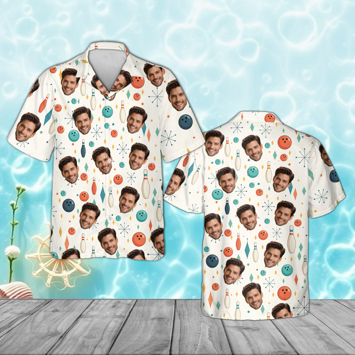 Custom photo bowling hawaiian shirt with retro pins and stars, front view