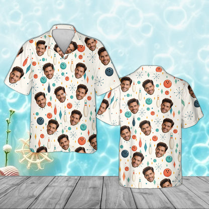 Custom photo bowling hawaiian shirt with retro pins and stars, front view