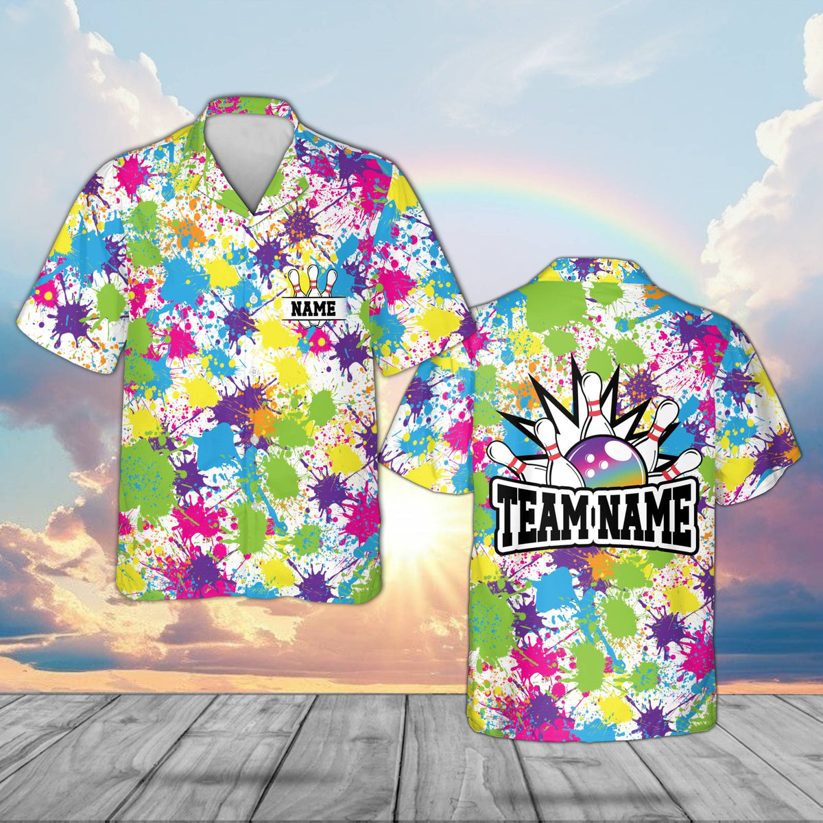 Main view of white personalized bowling hawaiian shirt with custom name and number