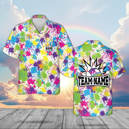 Main view of white personalized bowling hawaiian shirt with custom name and number