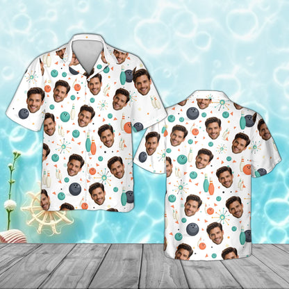 Matching family hawaiian shirts in custom bowling theme, alternate front view