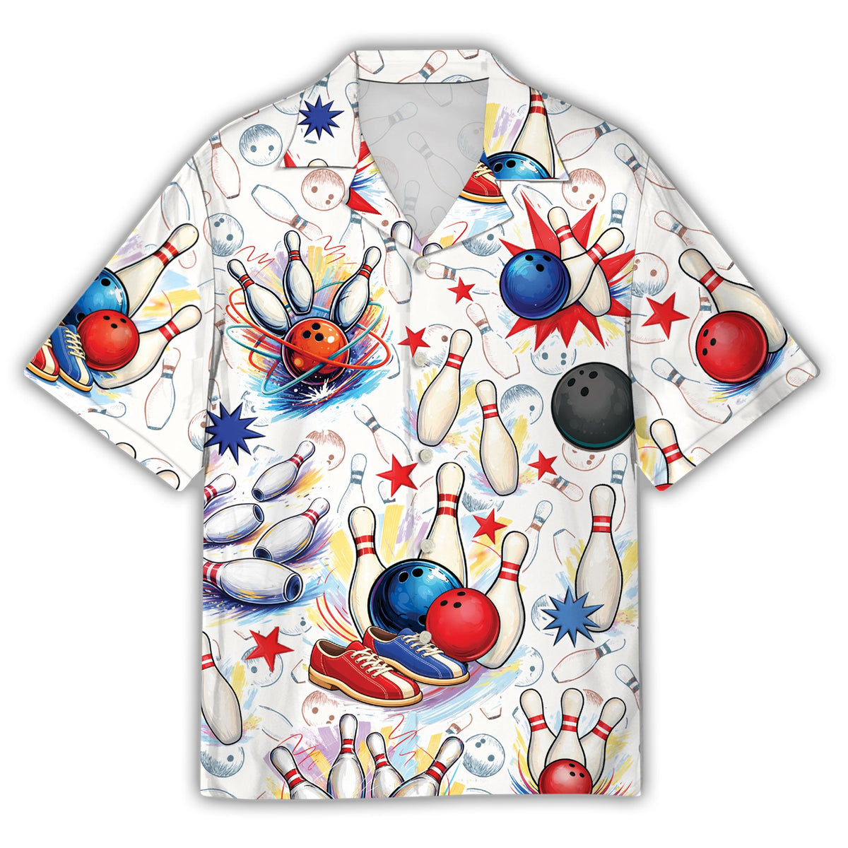 Bowling hawaiian shirt with all-over print of pins and balls, front view