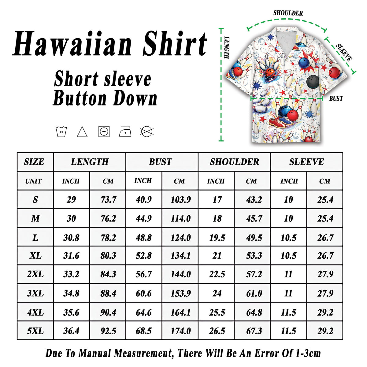 Close up view of the bowling hawaiian shirt fabric and print
