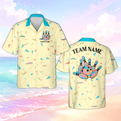 Yellow personalized bowling hawaiian shirt front view with 90s geometric pattern