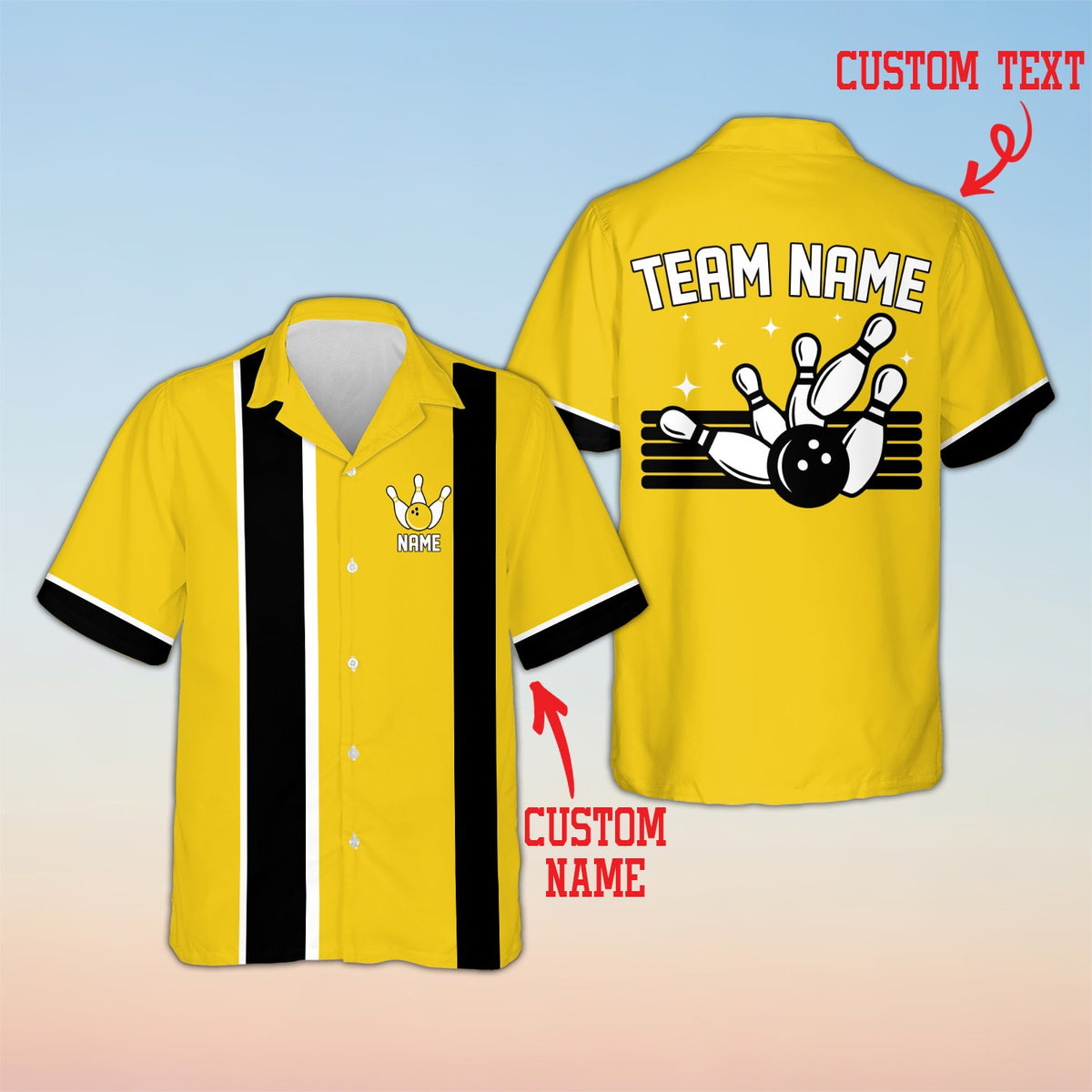Yellow bowling Hawaiian shirt with custom name and number, family matching style