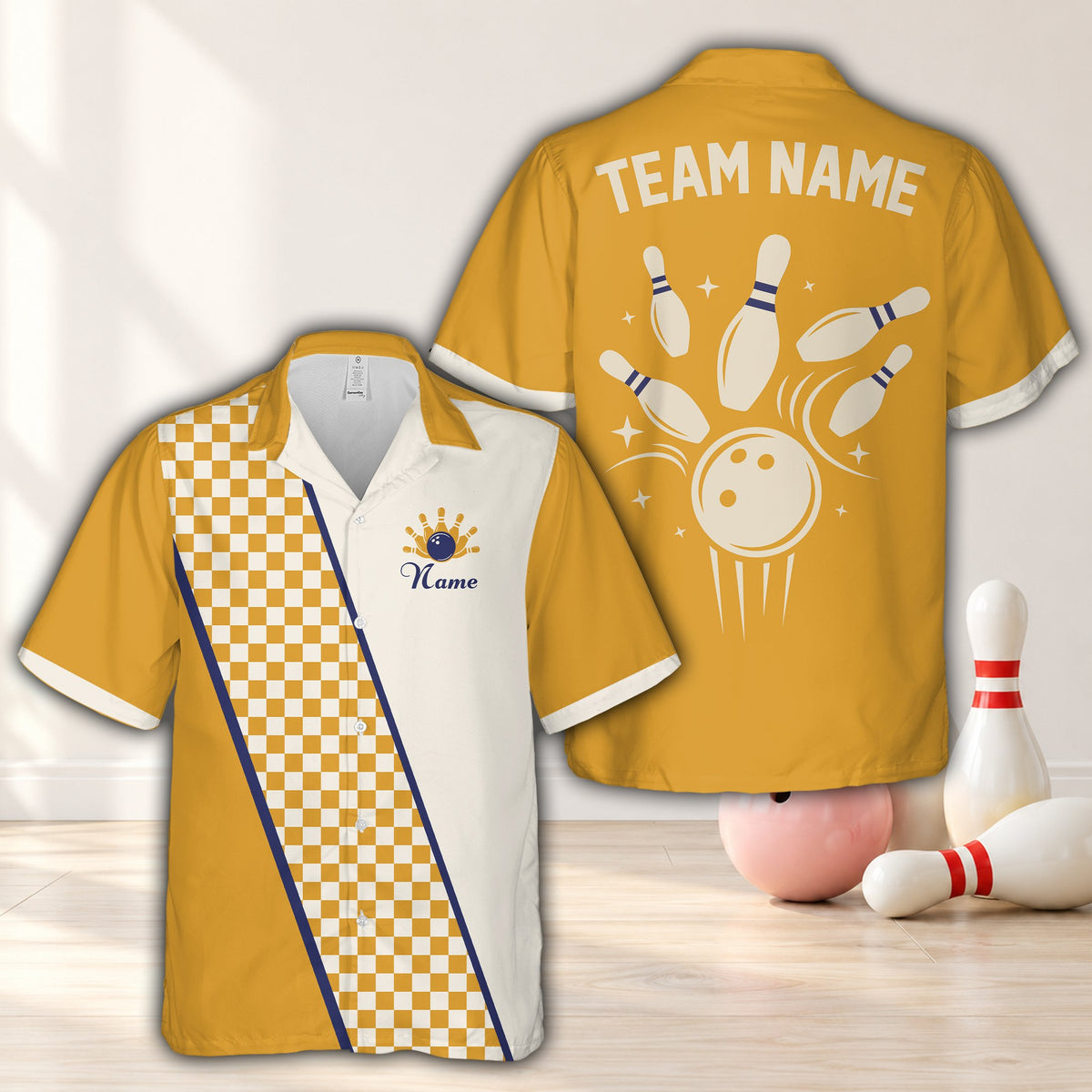 Yellow custom matching family hawaiian shirt with bowling design, front view