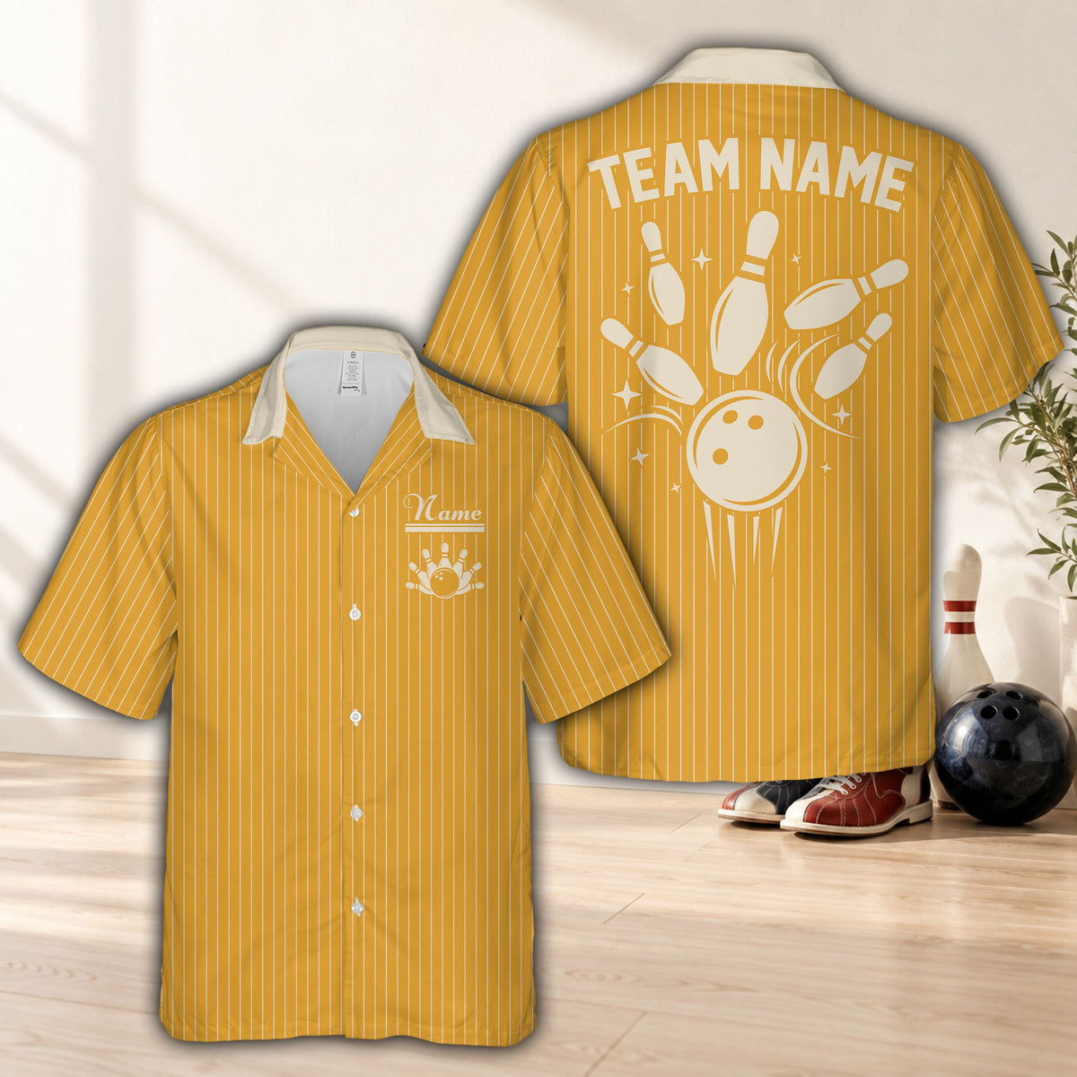 Yellow retro hawaiian bowling shirt with custom name and number, front view