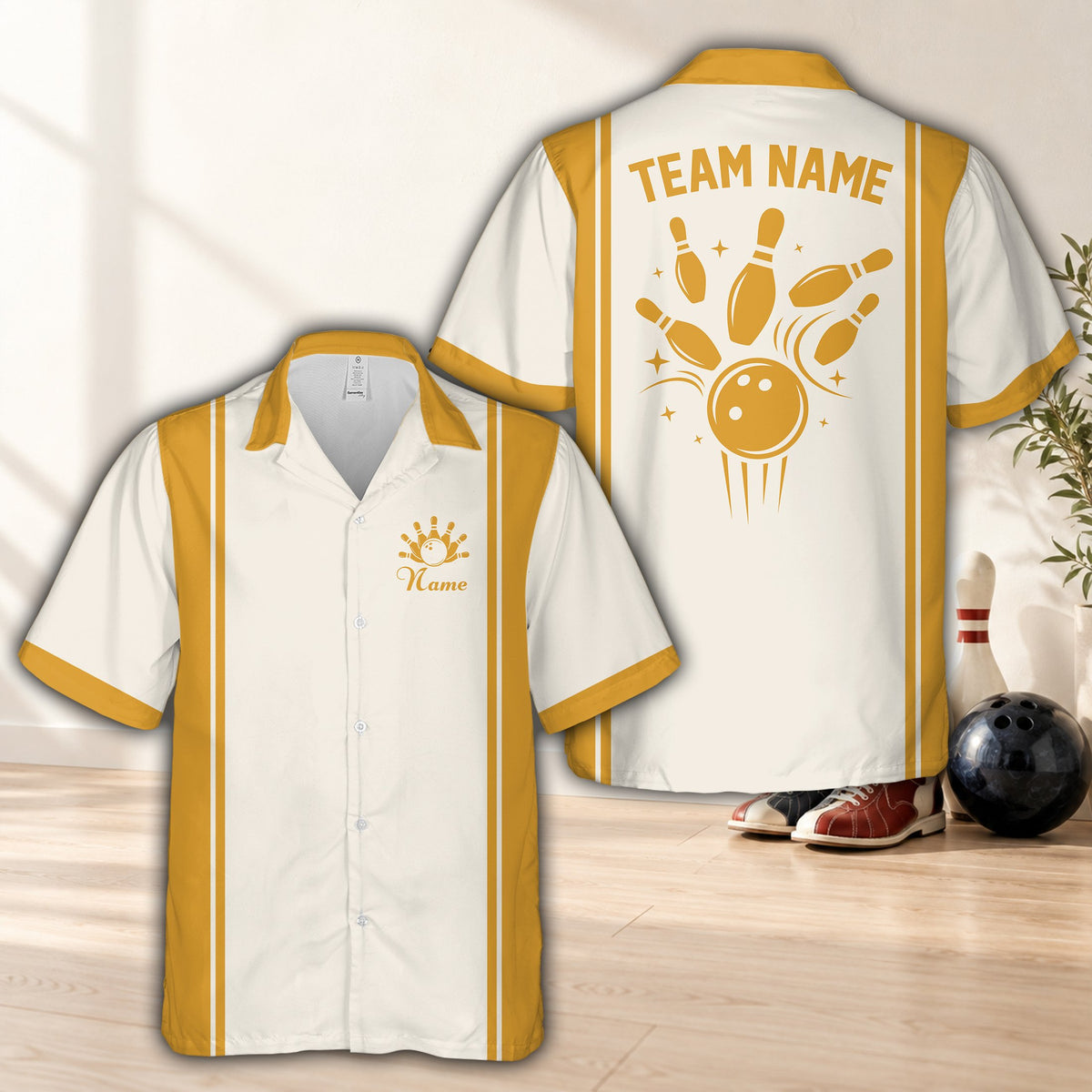 Yellow retro matching family hawaiian shirt with custom name, front view