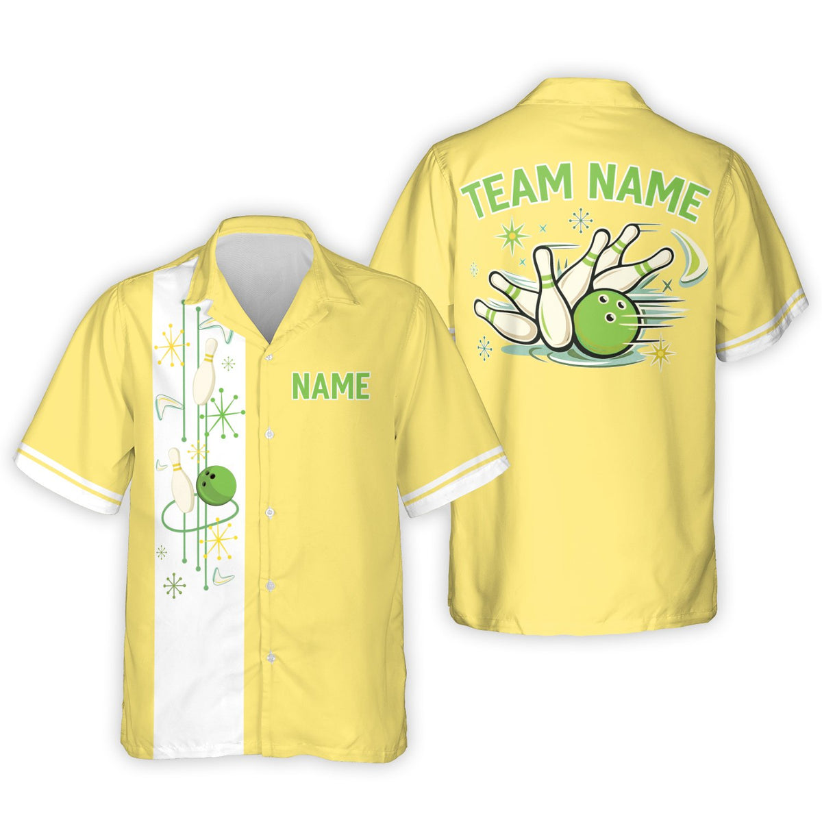 Yellow personalized hawaiian shirt with custom name and number, front view