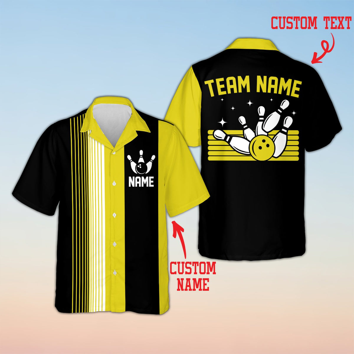 Yellow striped bowling hawaiian shirt, front view