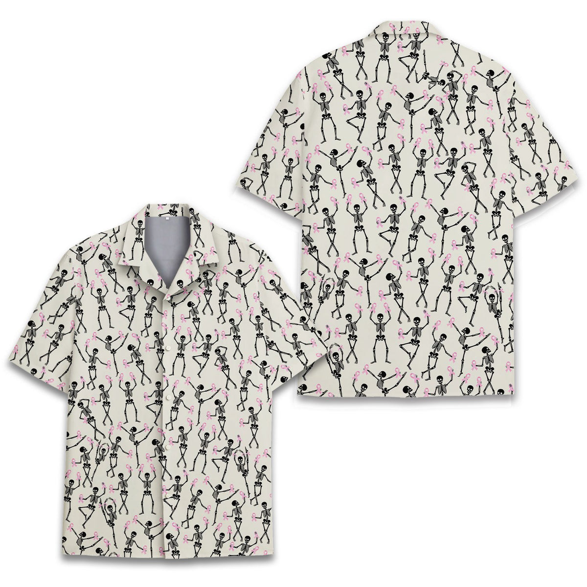 Detailed front view of the collar and button details on the hawaiian shirt