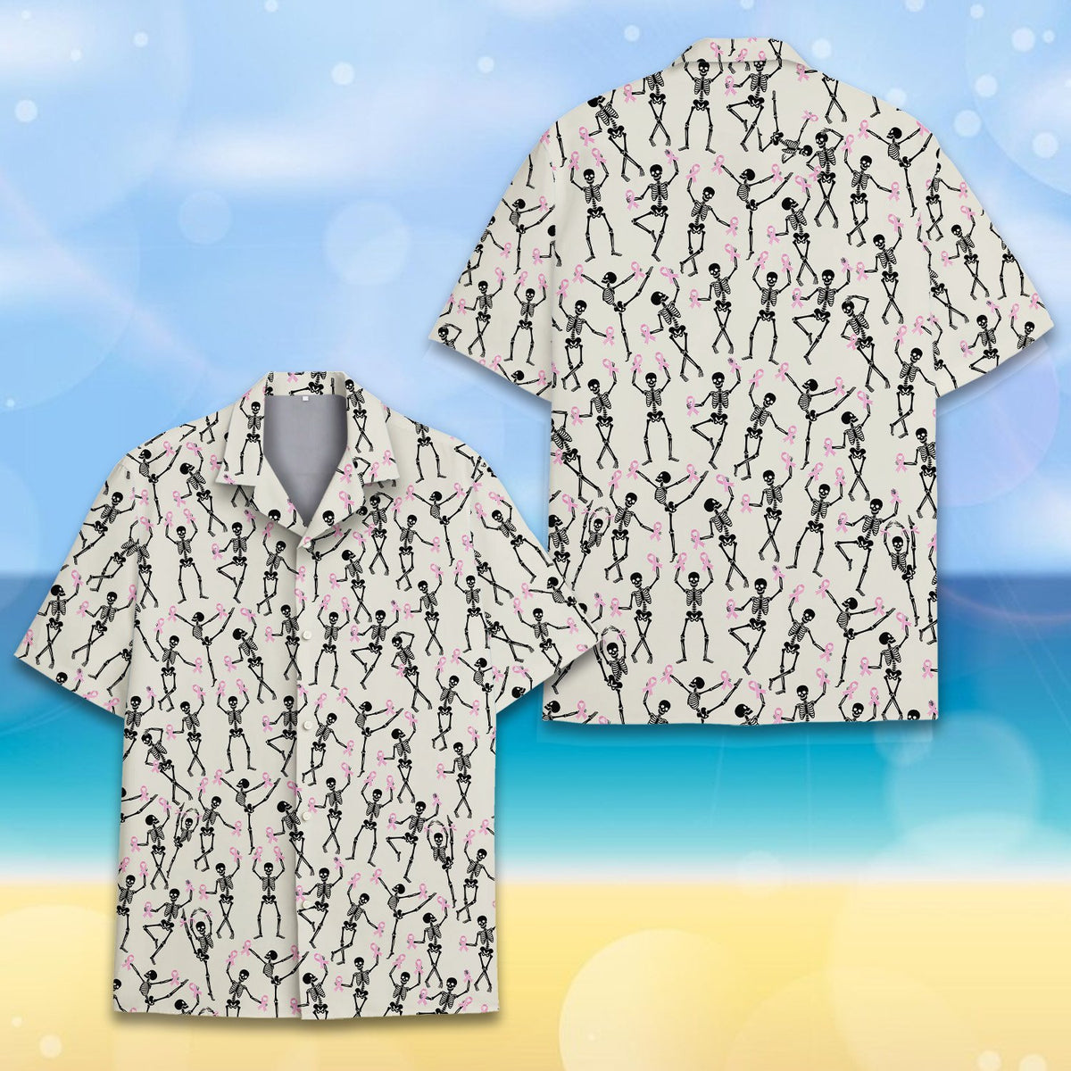 Front view of the breast cancer awareness hawaiian shirt on off-white background