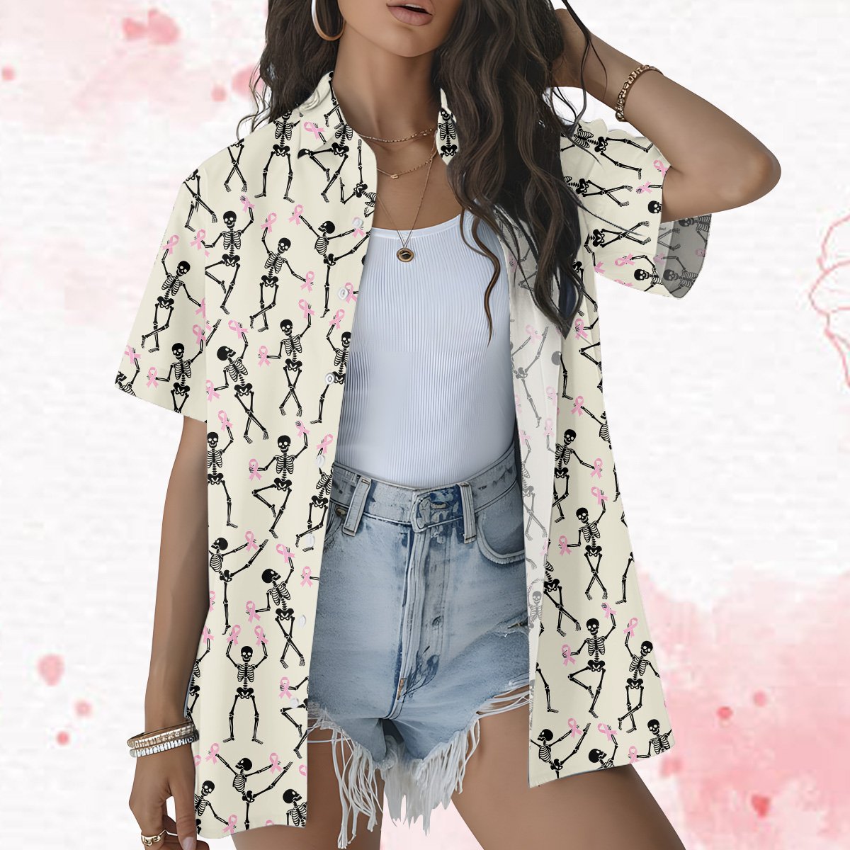 Lifestyle shot of the breast cancer awareness hawaiian shirt in an outdoor setting