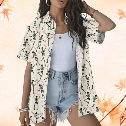 Another lifestyle view showing the dancing skeletons pattern on the shirt