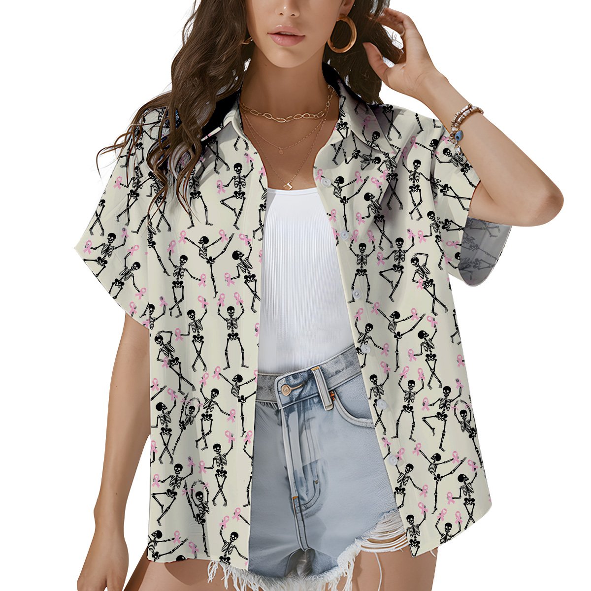 Lifestyle view emphasizing the breast cancer awareness design details