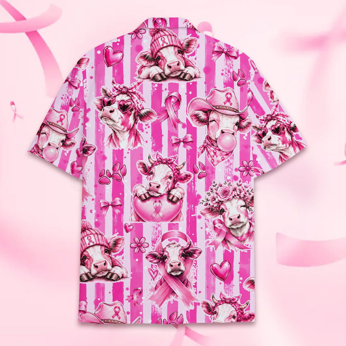 Alternate back view of the pink striped cow print hawaiian shirt