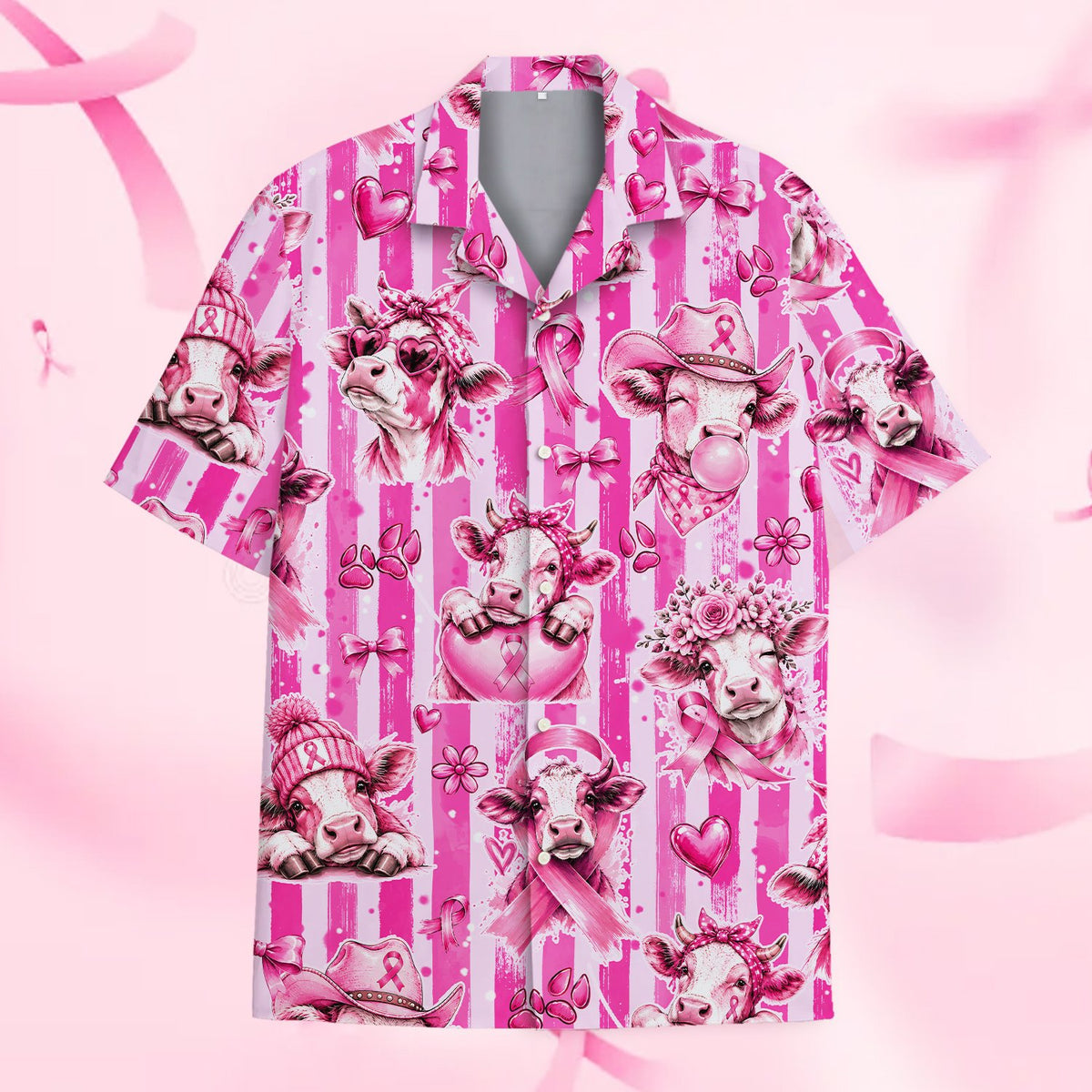 Breast cancer awareness cows hawaiian shirt with pink stripes, main view