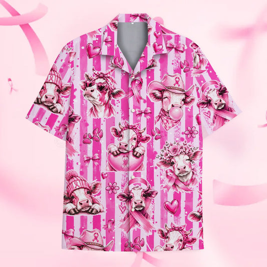 Breast cancer awareness cows hawaiian shirt with pink stripes, main view