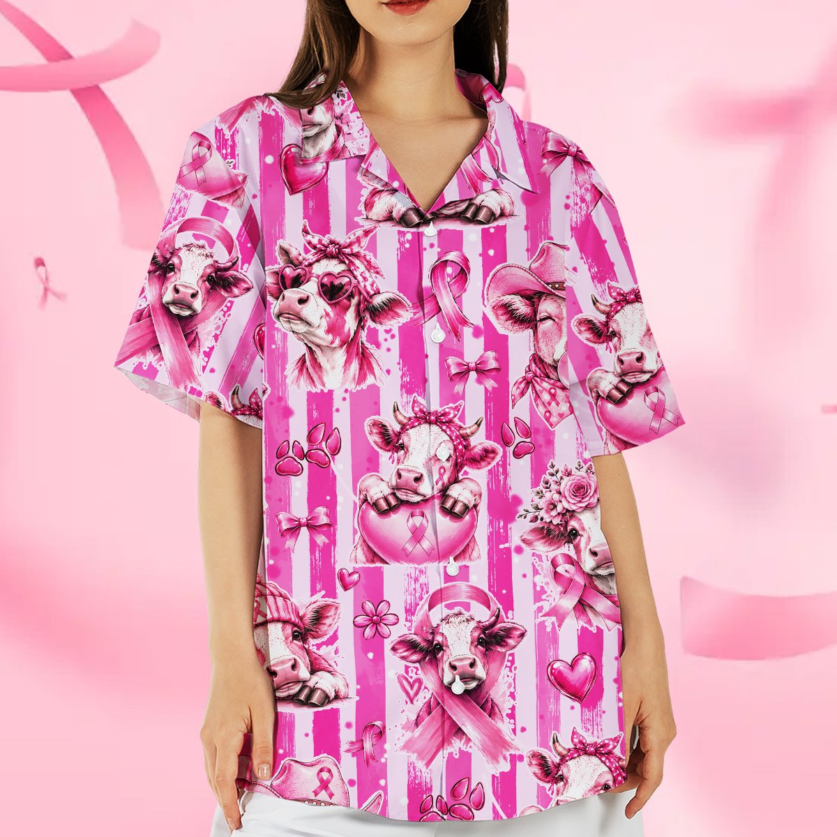 Second lifestyle view of the breast cancer awareness hawaiian shirt outdoors