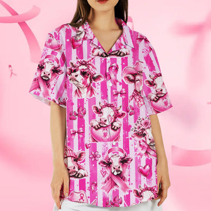 Second lifestyle view of the breast cancer awareness hawaiian shirt outdoors