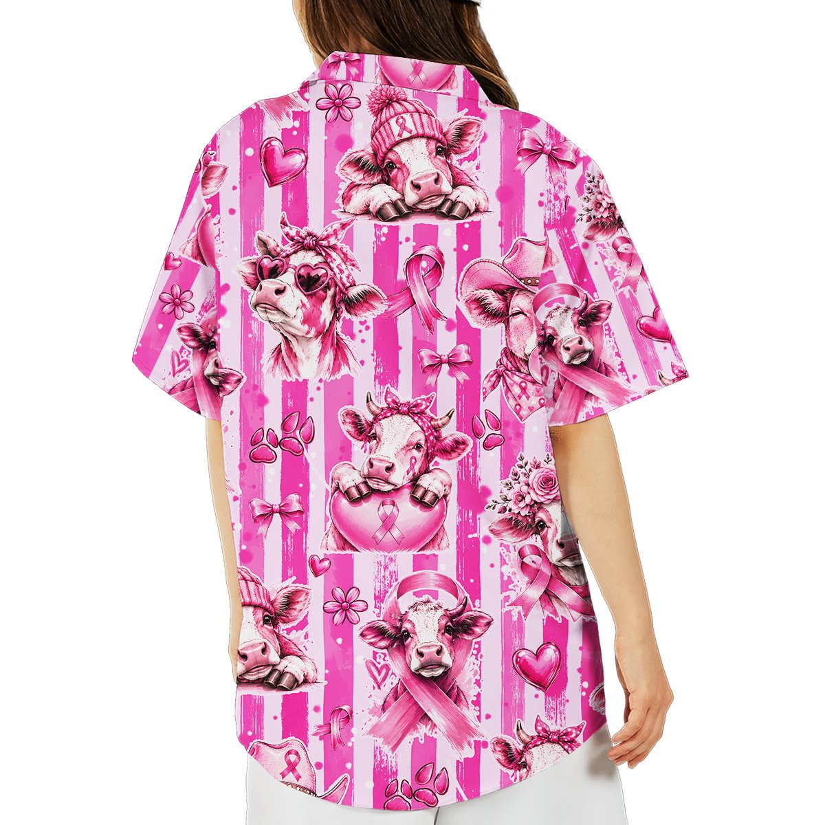 Third lifestyle view showing the cow and pink ribbon design details