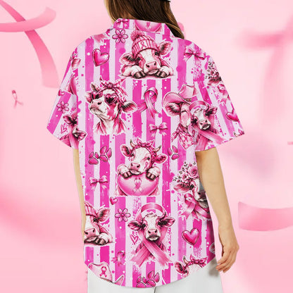 Fourth lifestyle view of the pink and white striped hawaiian shirt