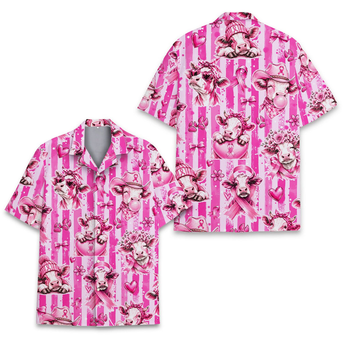 Close-up detail view of the breast cancer awareness cows hawaiian shirt