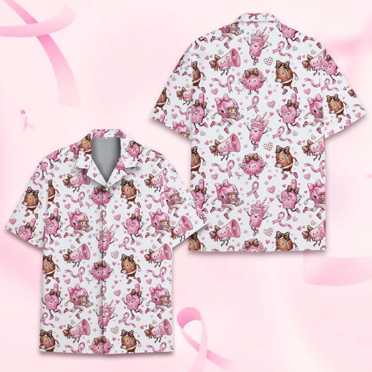 Third front view of the breast cancer awareness hawaiian shirt