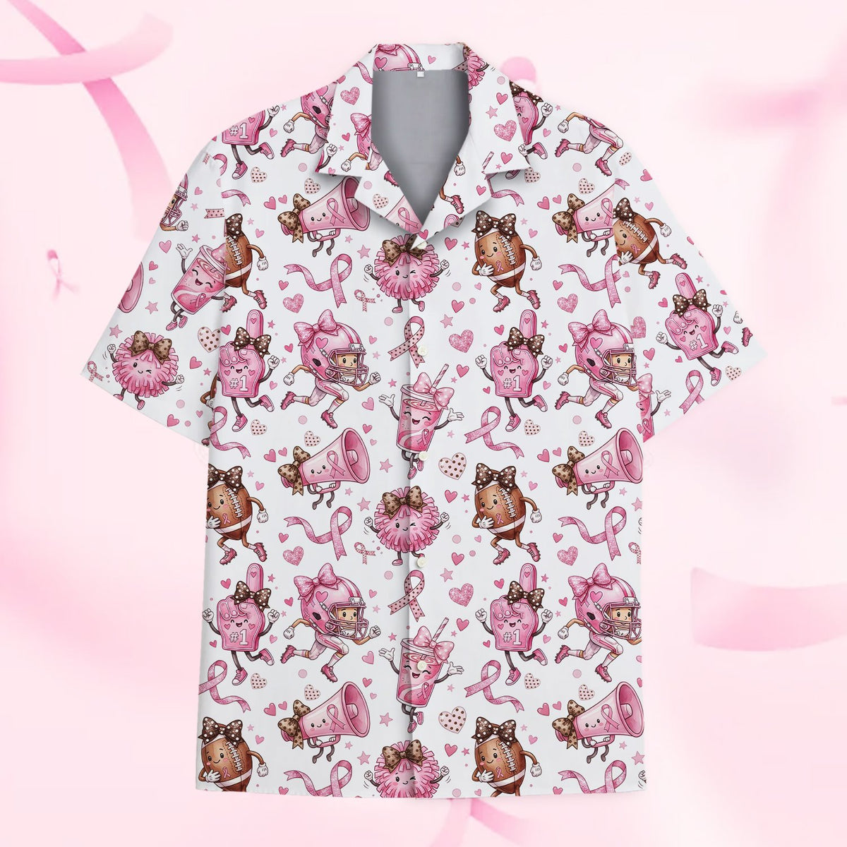 Front view of the breast cancer awareness football hawaiian shirt