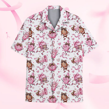 Breast cancer awareness, football hawaiian shirt main view with pink ribbons and white background