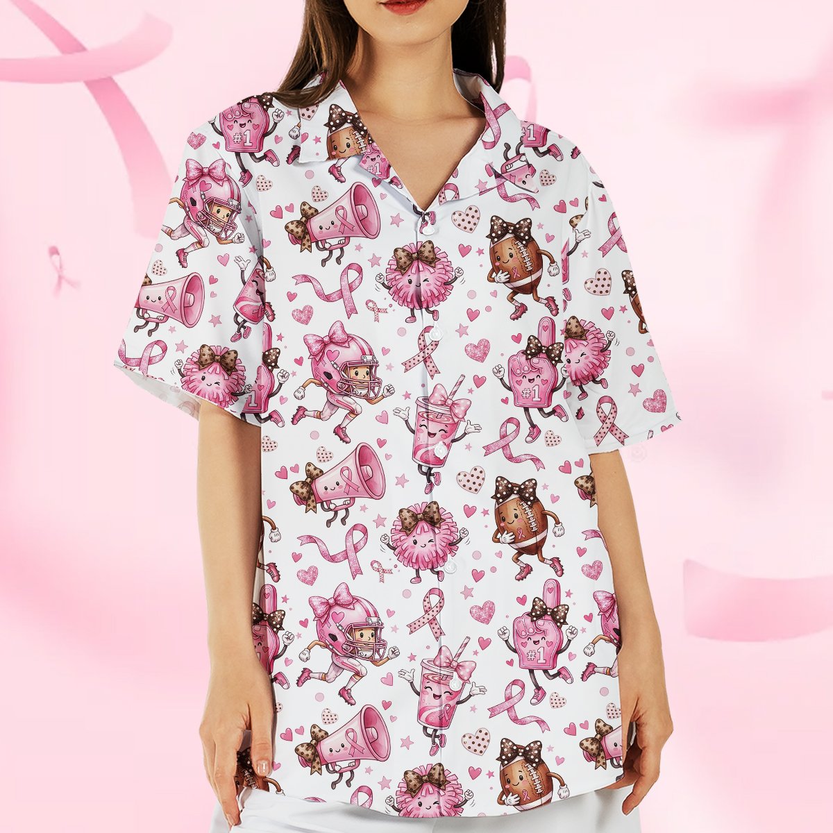 Second lifestyle view of the breast cancer awareness football hawaiian shirt