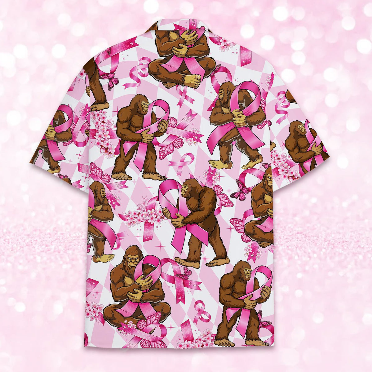 Alternative back view of the Bigfoot pink ribbon Hawaiian shirt