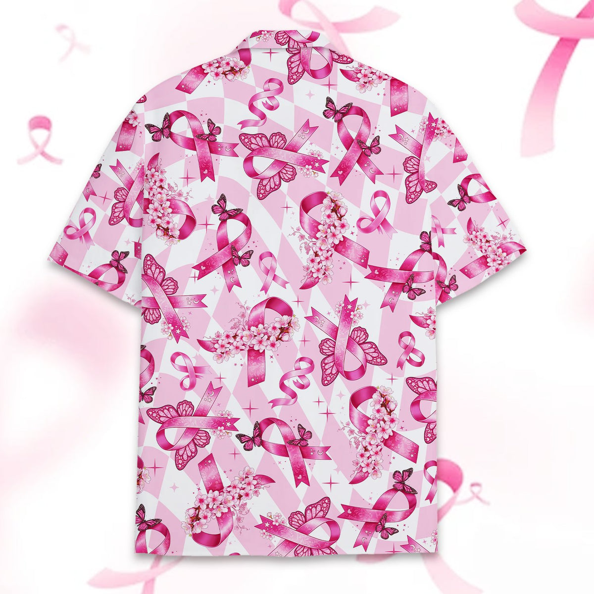 Detailed back view highlighting the repeating pink ribbons and cherry blossoms